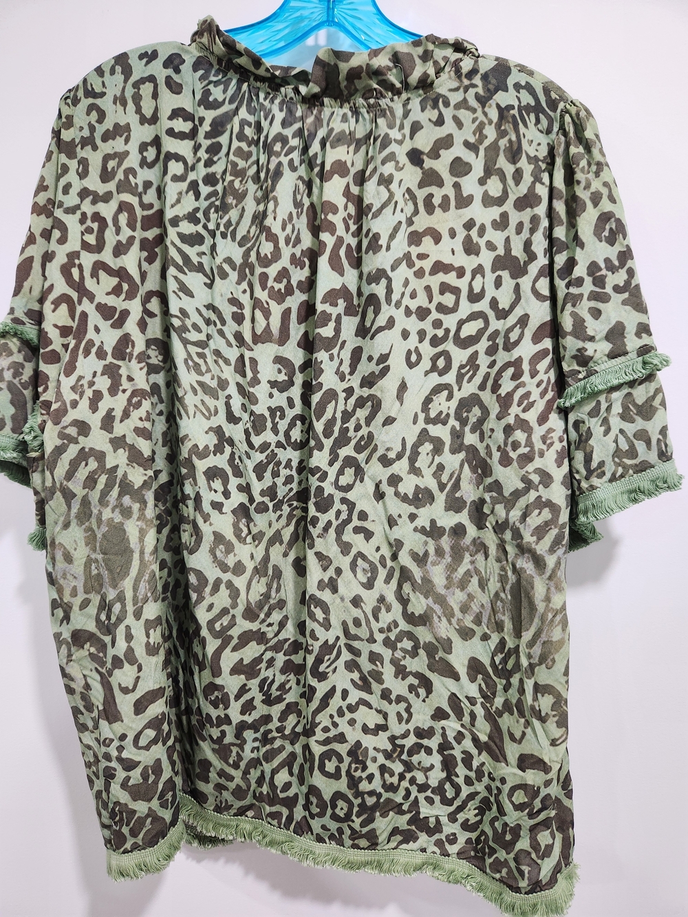 Olive Green Leopard-Print Ruffle Button Front Blouse - Picture 8 of 8